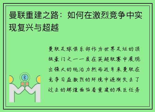 曼联重建之路：如何在激烈竞争中实现复兴与超越