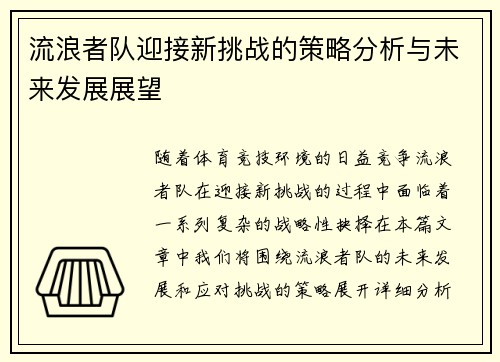流浪者队迎接新挑战的策略分析与未来发展展望