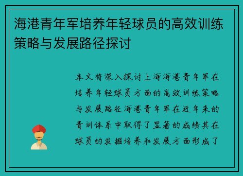 海港青年军培养年轻球员的高效训练策略与发展路径探讨